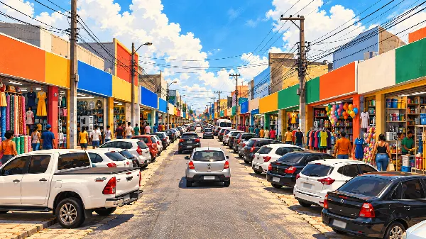 Rua de comércio movimentada, com lojas coloridas, no Alecrim